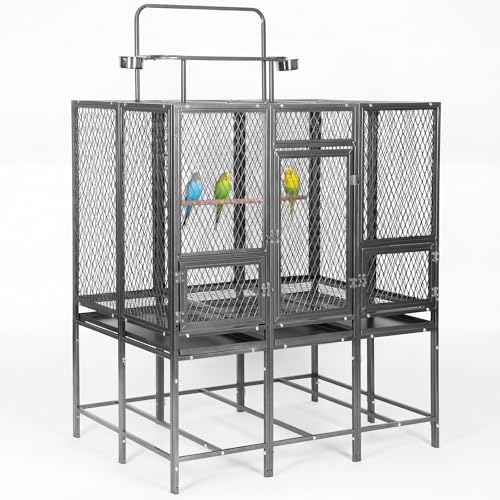 44" Carbon Steel Bird Flight Cage Detachable Playtop Indoor Outdoor | Heavy Duty Carbon Steel Flight Cage for Cockatiels, Parakeets, Conures & Lovebirds (Indoor & Outdoor Use) - color: grey with silver dots