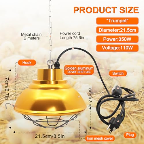 Hanging 350 Watt Heat Lamp for Chickens with Carbon Fiber Bulb for Indoor&Outdoor Used with Two-Temperature Adjustable for Chicks, Duck, Pet House, Poultry Professional Waterproof Heater (350 Watt) - size: 350 Watt