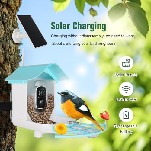 Bird Feeder with Camera, AI Identify Birds Species, Smart Bird Feeder with Camera Solar Powered, Auto 2K HD Video in Backyard, Ideal Gift for Family and Birds Lovers
