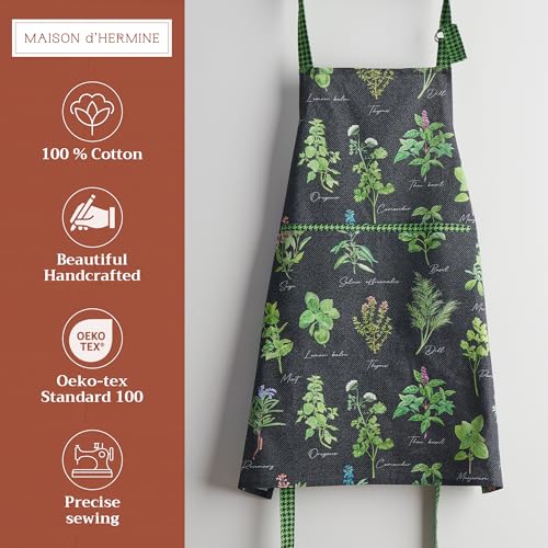 Maison d' Hermine Aprons for women with Pocket 100% Cotton (27.50"x31.50") | Adjustable Neck Strap & long ties Apron Men Chef Wedding Cooking Gardening Server Maid - color: 008 - Fresh Herbs