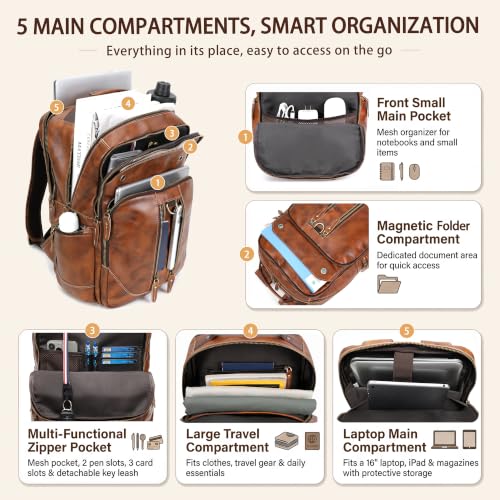 Full Grain Leather 16" Laptop Business Travel Backpack for Men, Orange | Vegetable Tanned Leather, YKK Metal Zippers, 5 Compartments, Ergonomic S-Straps, Large Capacity, Trolley Sleeve - color: Orange