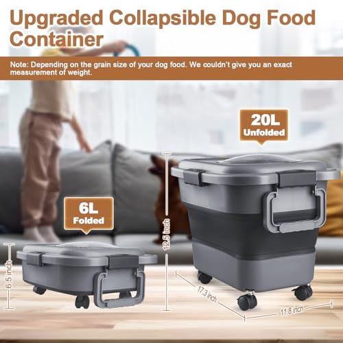 Dog Food Storage Container, 10-20 lbs Airtight Collapsible Cat Food Storage Container with Attachable Wheels, Portable Handle, Dog Food Scoop for Dog Cat Bird Pet Dry Food Storage Bin Dark Grey - color: Dark Grey, size: Medium