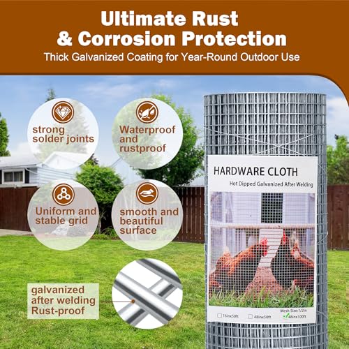Hardware Cloth 1/2in 48in x100ft Hot Dip Galvanized Rust Resistant Welded Wire Mesh,Chicken Wire Fence Garden Plants Fencing,Chicken Coop Rabbit Poultry Critters Metal Cage Roll