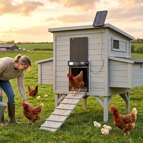 PETSITE Solar Powered Automatic Chicken Coop Door, Along with USB Charging | | LCD Display | Light Sensor, Timer, Remote & Manual Control | Anti-Pinch Design | Waterproof | Made of Aluminum |