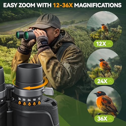 12-36X50 High Powered Zoom Binoculars for Adults - Wozel HD Professional Binoculars with Large Vision - Waterproof Binocular with Low Light for Bird Watching Travel Hunting Sports Cruise Outdoor