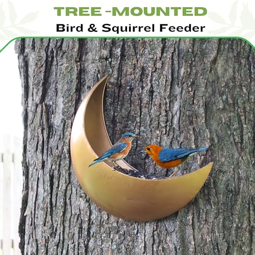 Fence & Tree Mounted Moon Bird Feeder – Cardinal, Squirrel Feeder, Rustic Gold Metal Wall Bird Feeder for Outdoors, Wild Bird Feeder for Bluebirds.