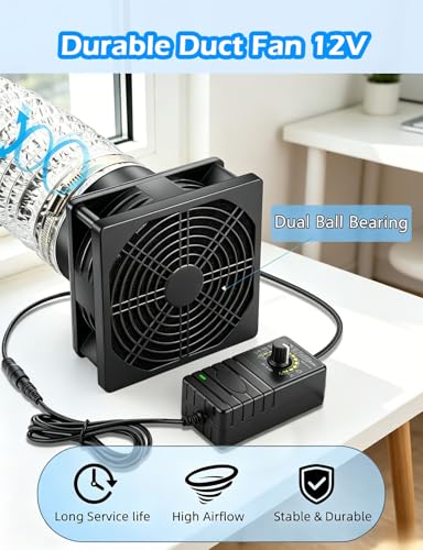 120mm x 38mm 4 Inch Computer Duct Fan, 12V Exhaust with AC Speed Controller,High Airflow Small Exhaust Fan Dual Ball for Print Fume Extractor Enclosure Grow Tent Ventilation Crawlspace Cooling - size: 12038-one duct