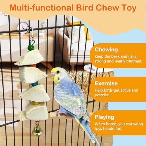3 Pack Bird Chewing Toy Cuttlebone Parrot Toy with Bell Hanging Bird Beak Grinding Stone Parakeet Cage Accessories for Small Budgies Lovebirds Cockatiels (Block, 4 Per Skewer) - size: 4 Blocky