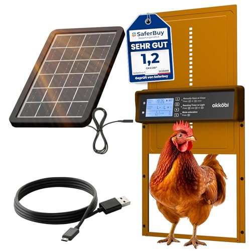 Okkobi Automatic Chicken Coop Door Solar Powered - Poultry Coop Door with Remote Control, Timer & Light Sensor - LCD Display - Anti-Pinch Function - 5-Year Protection - Brown | Weatherproof aluminium with anti-pinch protection, timer function and battery