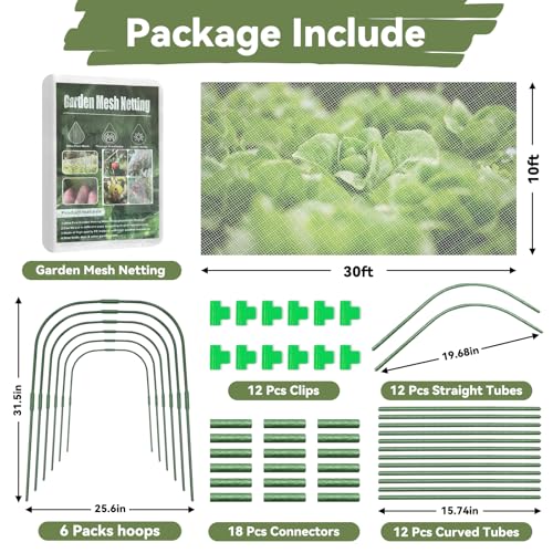 Garden Mesh Netting Kit Protect Fruit Vegetable from Birds Bugs | 10* 30 FT Ultra Fine Plant Netting Covers, 6 Pcs Wide Garden Hoops & 12 Clips for Greenhouse Raised Beds - size: 10 * 30 FT (Kit)