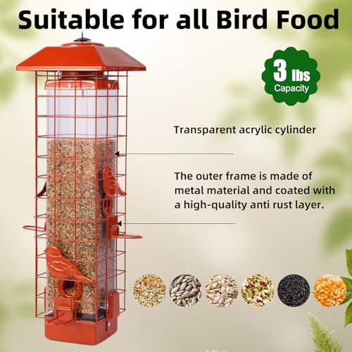 Squirrel Proof Bird Feeder, Metal Mesh Bird Feeder for Outside, Large Capacity and 4 Ports Perches (Orange) - color: Orange