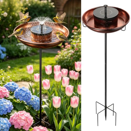 Metal Bird Bath with Solar Fountain, 38.8" Standing Bird Bath | Solar Fountain Feature Durable Metal Construction Removable Bird Bath Bowl Stable Ground Stake Design