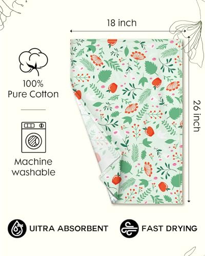 150GSM Flour Sack Kitchen Towels Set of 2, Green Leaf Fruit | 18"x26", Lightweight, Lint-Free, Pure Cotton, Decorative, with Hanging Loop, Absorbent, Softer after Wash, Giftable Package - color: Green Leaf Fruit