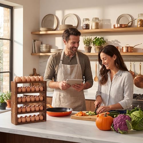 60 Egg Holder Countertop and Wall Mounted, 5 Tier Wooden Fresh Egg Storage Rack for Gathering Backyard Chicken Eggs Rustic Farmhouse Kitchen Decoration Organizer