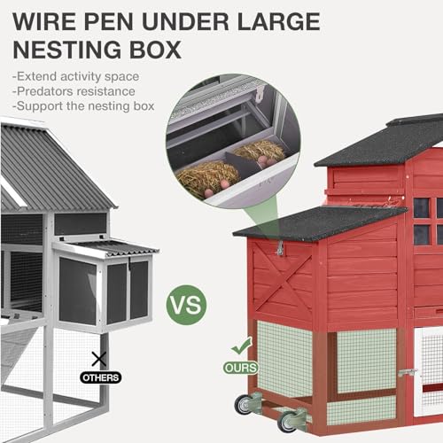 Mobile Chicken Coop with Wheels, Wooden Chicken House with Run, Large Hen Cage with UV Proof Roof and Leak-Proof Tray, Outdoor Chicken Coops with Nesting Box for 2-4 Chickens (Red)