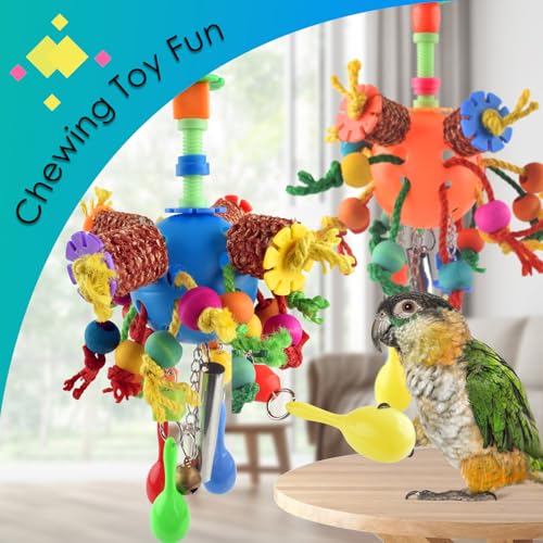 KATUMO Bird Toys, 2PCS Parakeet Foraging Shredder Hanging Toys with Sola Balls Sand Hammer, Parrot Ball Treats for Conure Mini Macaw Cockatiel Lovebird Small-Medium Birds - style: Orange+Blue