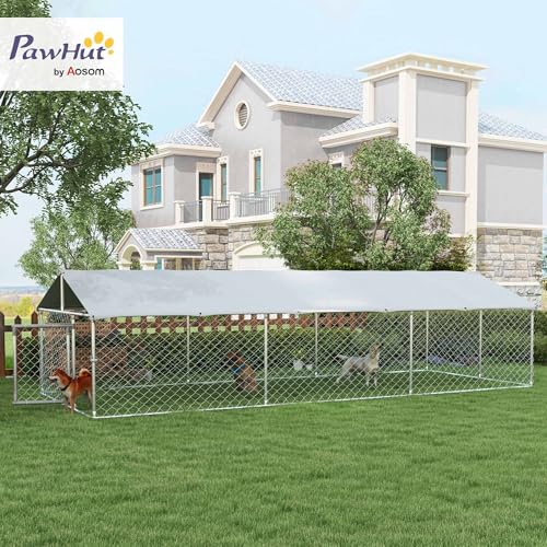 PawHut Outdoor Dog Kennel, Heavy Duty Dog Run Outdoor Fence with Waterproof Cover, Galvanized Chain Link, Secure Lock, for Large Sized Breeds, Chickens, Ducks, 20' x 7.5' x 5' - size: 236.2"L x 90.6"W x 59.1"H