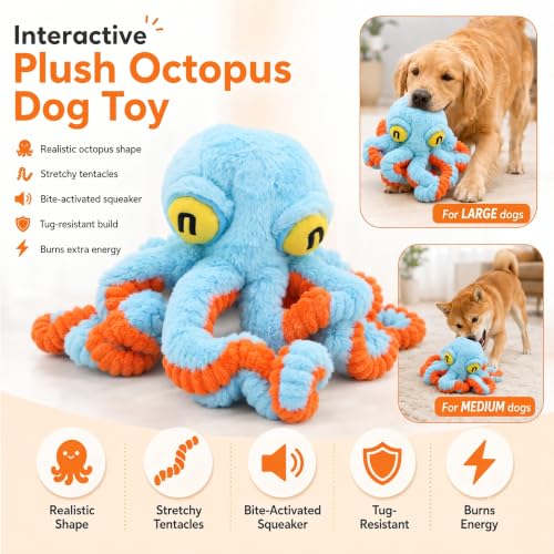 Squeaky Dog Plush Chew Toy, Interactive Tug Squeaky Toy for Chewers, Medium & Large Dogs & Fetch Play, 19.7 Inch Stuffed Octopus Toy with Flexible Spring Tentacles for Gentle Gum Care & Boredom Relief - color: Blue (Big Octopus)