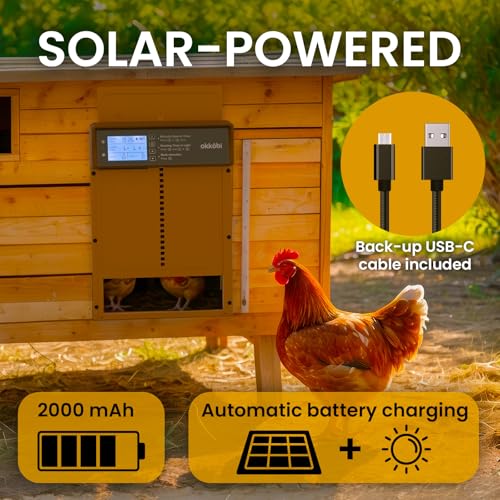 Okkobi Automatic Chicken Coop Door Solar Powered - Poultry Coop Door with Remote Control, Timer & Light Sensor - LCD Display - Anti-Pinch Function - 5-Year Protection - Brown | Weatherproof aluminium with anti-pinch protection, timer function and battery