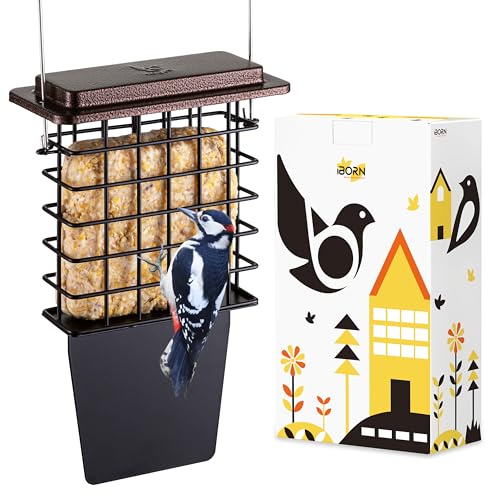 iBorn Suet Feeder with Tail Prop,Woodpecker Feeder,Suet Feeders for Outside Hanging,Suet Bird Feeders for Outdoors,Heavy-Duty Suet Cage,Suet Holder,Rainproof Roof,Easy Clean and Refill,1 Pack,Coffee - color: Coffee, size: Single Capacity