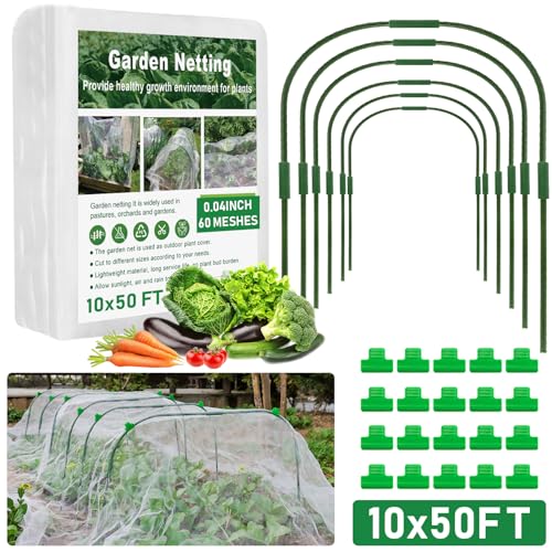 GonLei 10x 50FT Garden Mesh Netting Kit Raised Beds (6 Pcs Garden Hoops & 18 Clips) Garden Hoops Plant Netting Protection Row Covers Berry Bush Truit Trees Vegetables Grass Seed Barrier Net