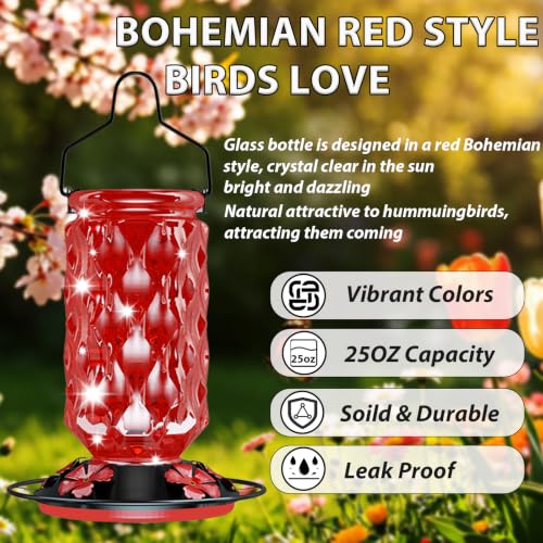 Hummingbird Feeder for Outdoors, 25OZ Hummingbird Feeder with 5 Flower Ports & Perch, Leak-Proof, Crystal Clear – Glass Hummingbird Feeders for Outdoors Hanging, Garden Decor,Gifts for Women Men (Red) - color: Red