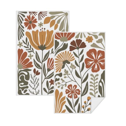 2 Pcs Boho Floral Kitchen Towels, Boho Vintage Flower Waffle Hand Towels | Absorbent Microfiber Dish Cloth Tea Towel for Kitchen Home Decor, Home Gifts for Women Mom Grandma 24x14 Inch - color: Multi 1371