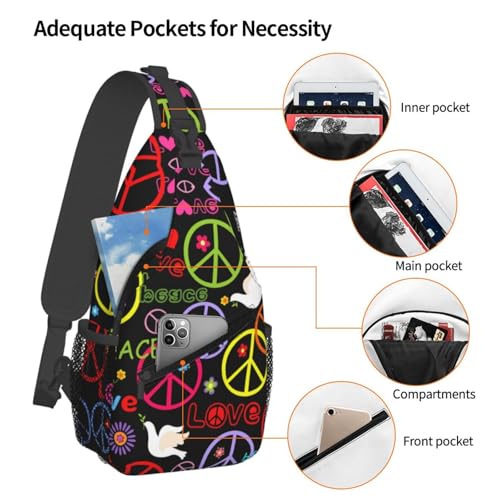 Abstract Hippie Peace Sign Flower 60s 70s Sling Backpack Crossbody Shoulder Bag Chest Bag Travel Chest Pack Casual Daypack For Women Men Hiking Sports Working - color: Black5