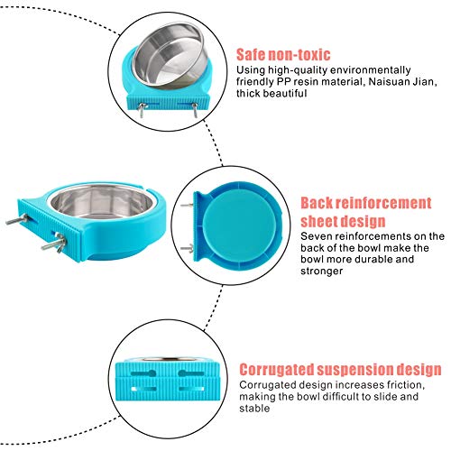Crate Dog Bowl Removable Stainless Steel Water Food Feeder Bowls Cage Coop Cup for Cat Puppy Bird Pets (Small, Blue with Corrugated Clip) - color: Blue with Corrugated Clip, size: Small