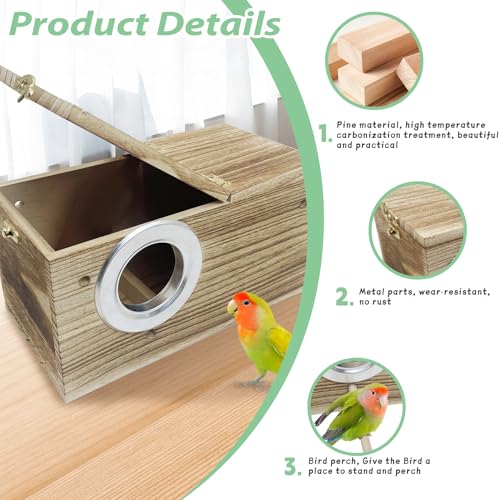 PINVNBY Parakeet Nesting Box, Carbonized Wood Bird Box, Wood Breeding Box for Birds, Budgie Lovebirds Conure Finch Parrot Canary (L: 11.8 x 5.9 x 5.9 inch) - size: L: 11.8 x 5.9 x 5.9 inches