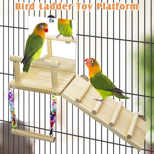 BNOSDM Bird Perch Platform with Mirror, Wooden Climbing Ladder for Parakeet, Small Bird Swing Toys Parrot Cage Accessories Budgie Playground for Cockatiel, Lovebirds, Conures, Finch - color: 4in1 Bird Perch Platform