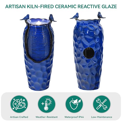 Autodaya 33" Vase Ceramic Outdoor Water Fountain with Lights and Birds | cobalt blue glazed water feature with textured design, ambient soothing cascading water flow for garden patio yard sanctuary - color: 33"h-hammered Cobalt Blue