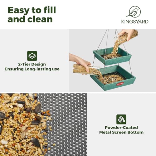 Kingsyard 2 Tier Large Platform Bird Feeder for Outdoors Hanging | Large Recycled Poly Lumber Tray, 5 Lbs Capacity, Garden Decoration Attracts Cardinal Bluebird Goldfinch, Green - color: Green