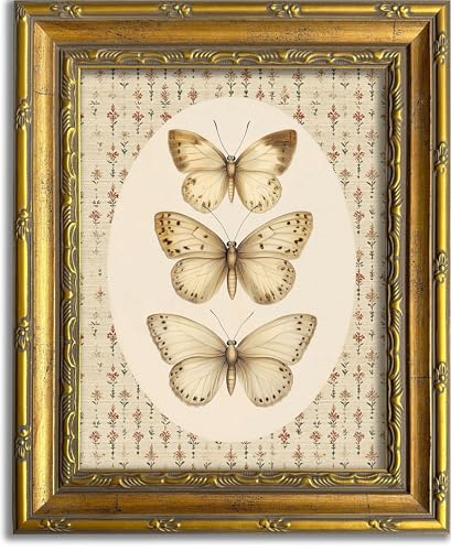 DR.RiftArt Vintage Butterfly Wall Art Antique Neutral Insect Decor Painting | Canvas Floral Background Artwork Print Picture Rustic Farmhouse Style for Living Room Bedroom Office 9x11 inch Gold Framed - color: There Butterfly, size: 11"L x 9"W
