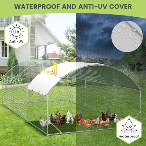 GarveeLife Large Metal Chicken Coop, Dome Shape Chicken Coop with Upgrade Tri-Supporting, Large Chicken Run with Waterproof and Anti-UV Cover (19.7 ft L x 9.8 ft W x 6.6 ft H) - size: 232.2"L x 78.7"W x 78.4"H