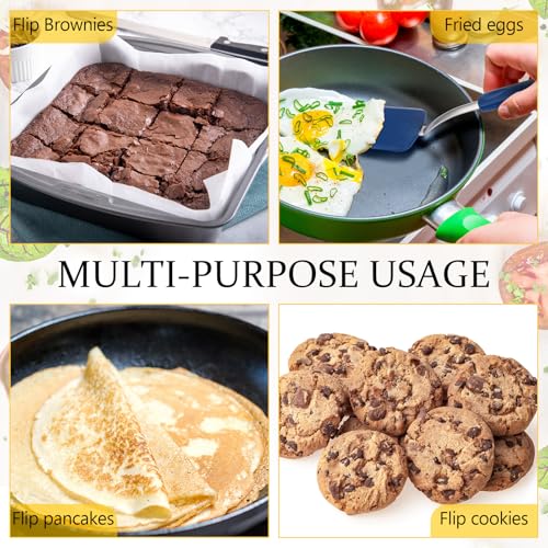 Silicone Cookie Spatula Turner 2 Pack Mini Brownie Spatula Flexible Kitchen Small Silicone Turner for Nonstick Cookware Heat Resistant No Scratch Flipper for Egg(Solid Flat,Black,Blue) - color: Black,Blue