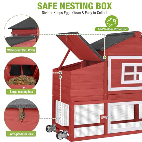 GUTINNEEN Chicken Coop with Wheels,Outdoor Hen House with Waterproof Asphalt Roof, Wooden Poultry Enclosure with Easy-Clean Slide-Out Tray,Poultry Cage with Nesting Boxes for Duck Rabbit Chicken-Red - size: 67.3"L x 26"W x 39.4"H-Red