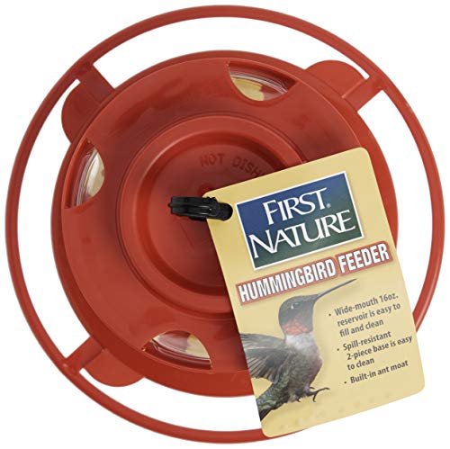 First Nature 993091-546 16 oz. Hummingbird Flower Feeder , Red | Bright Flower Ports Attract Birds - Round Bottom Perch Fits Multiple Birds - See-Through Tank Shows Nectar Levels - size: 16 ounce