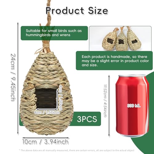 GUTE Hummingbird Houses 3Pcs Hand Woven Grass Hanging Bird Nest | Natural Grass,Hand-Knitted,Sturdy Shelter,Ventilated Cozy Design,Blends in Trees,Easy to Hang,Garden,Window - color: Water Drop Shape, size: 3pack