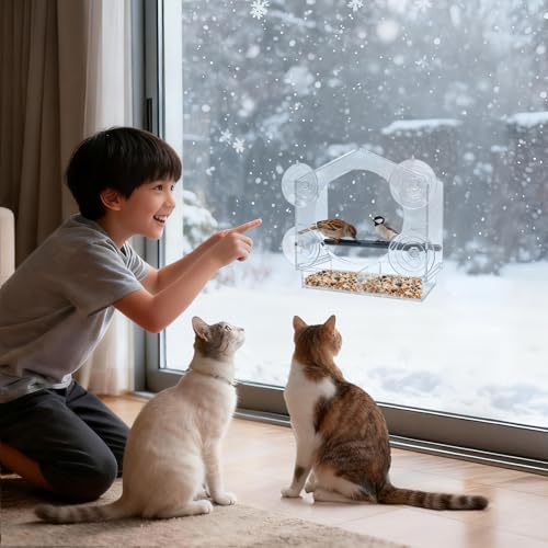 Window Bird Feeder with Non-Marking Self-Adhesive Hooks, 2 pcs Clear and Transparent, Outdoor Wild Bird Watching Gift for Finches, Cardinals (1 Large+1small Acrylic) - color: Off-white