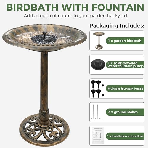 Birdbaths for Outdoors Solar Powered - Large Bird Baths for the Garden with Fountain, Heavy Duty Bird Baths for Clearance Made in USA - Perfect Addition to Your Backyard - color: copper