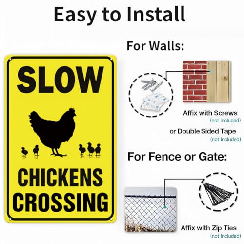 Chicken Crossing Sign - 8 x 12 inch Metal Aluminum Slow Chicken Signs for Coop, Farm, Outside, Chicken Themed Birthday Party, Rural Roads & Backyard, Gift for Chickens Lovers - color: Chicken-Yellow/Black
