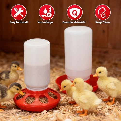 Chick Feeder and Waterer Set No Waste Automatic Chicken Feeder and 1L Waterer for Baby Chicks, Ducks, and Quail – Brooder Starter Kit - color: Red and White