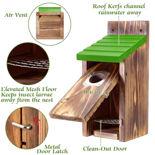 Dreyoo 2 Pack Bluebird Box Houses for Outside,1-1/2'' Entrance Hole Wooden Bird Houses with Metal Guard, Secure Latch,Fledgling Grooves,Air Vents for Bluebird Wren Swallow(Green Roof,Burnt Wood Body) - color: Green Roof,Burnt Wood Body