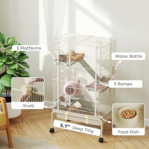 PawHut 47" Small Animal Cage, 4 Levels Large Rolling for Syrian Beige | Metal Ferret Chinchilla Rabbit Cage, 5.9" Deep Tray, 3 Ramps, Water Bottle, Food Dish, Squirrel