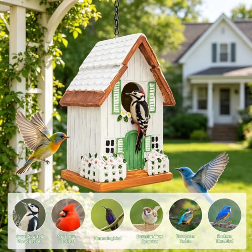 Bird Houses for Outside, Patio, Yard, Porch & Garden Decor, 7.3" | Rustic Cottage Resin Decorative Hanging BirdHouse for Bluebird Finches Cardinals Bird Nesting, Gift for Bird Lover Mom Women - color: White