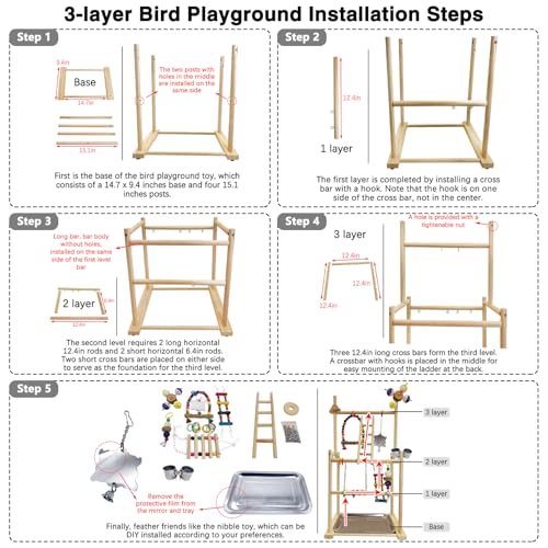 Hamiledyi Natural Wood Bird Playground - Large 3-Tier Perch Stand with Exercise Platforms Durable Activity Gym for Parrots, Cockatiels and Small Birds Bird Stand with Ladders and Swings