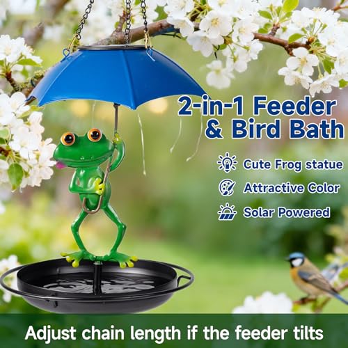 Solar Bird Feeders for Outdoors Hanging Garden Decor - Metal Frog Outdoor Figurine Solar Lights Hummingbird Feeder, Waterproof Wild Bird Feeders Garden Gifts for Women, Mom
