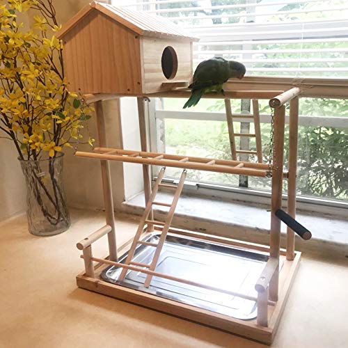 HiCaptain Large Bird Playground, 3 Layers Cockatiel Playground, Pet Parrot Playstand Gym Wooden Playpen Birds Play Stand with Nesting Box, Ladder, Feeder Cups