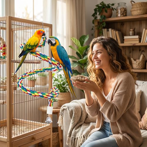 40" Bendable Cotton Bird Rope Perch Swing Set, Colorful Cage Accessories for Parrots Conures Cockatiels Lovebirds Budgerigars Parakeets